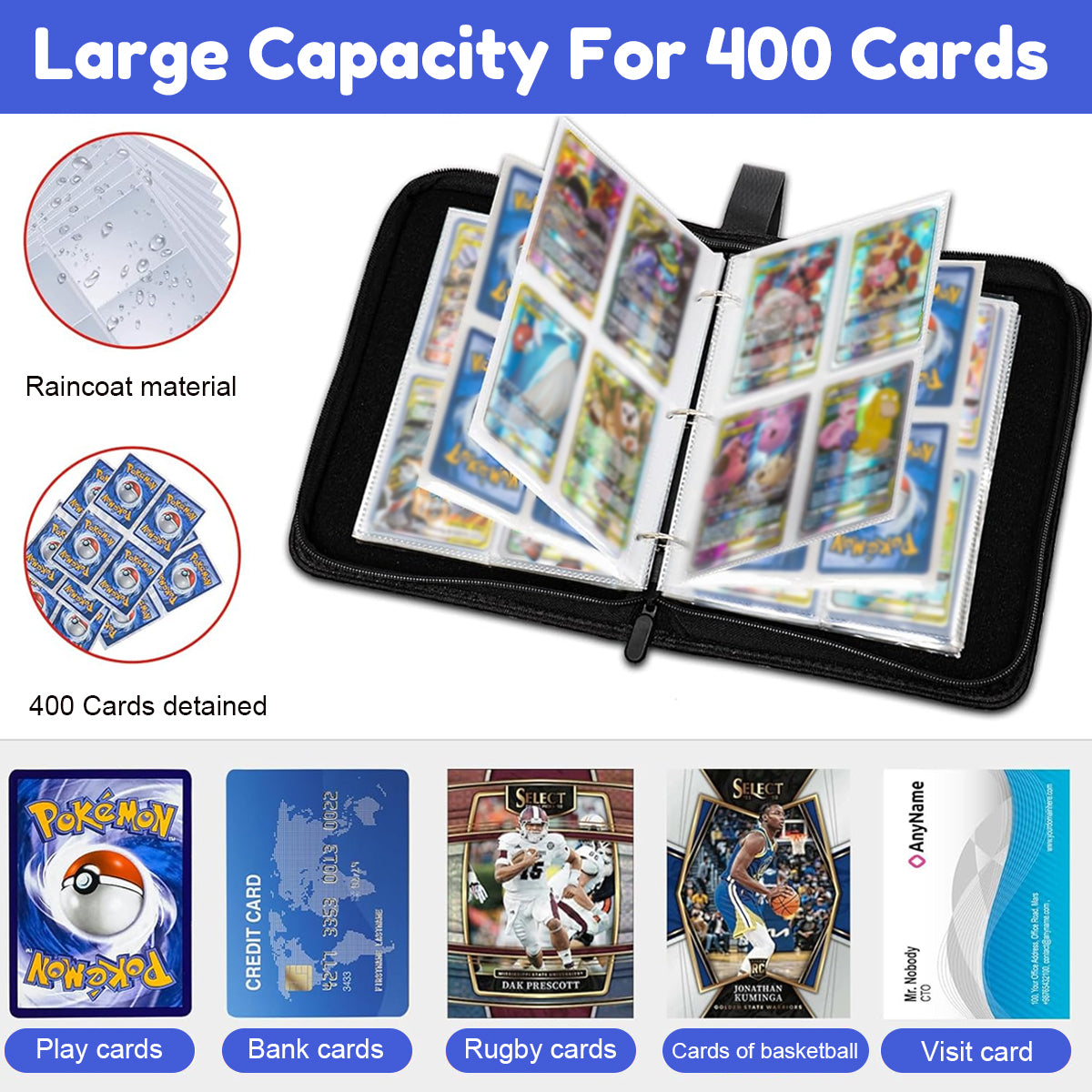 PATPAT 400 Pockets Soccer Card Binder Autographed Cards Storage Bag Waterproof PU Cover Zipper Card Organzier Holder Multi Purpose Card Organizer Bag for Game Trade Cards, Collectible Cards