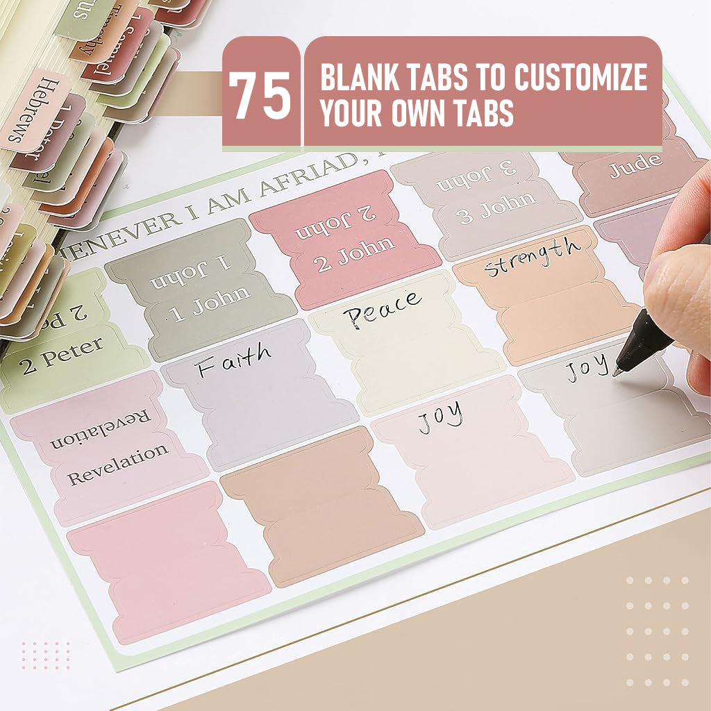 Climberty Bible Tabs, 75 Tabs, Boho Theme, Laminated Bible Index for Women and Men, Bible Tabs for Chanting, Recitation, Studying, 3.5x3.5cm Per One