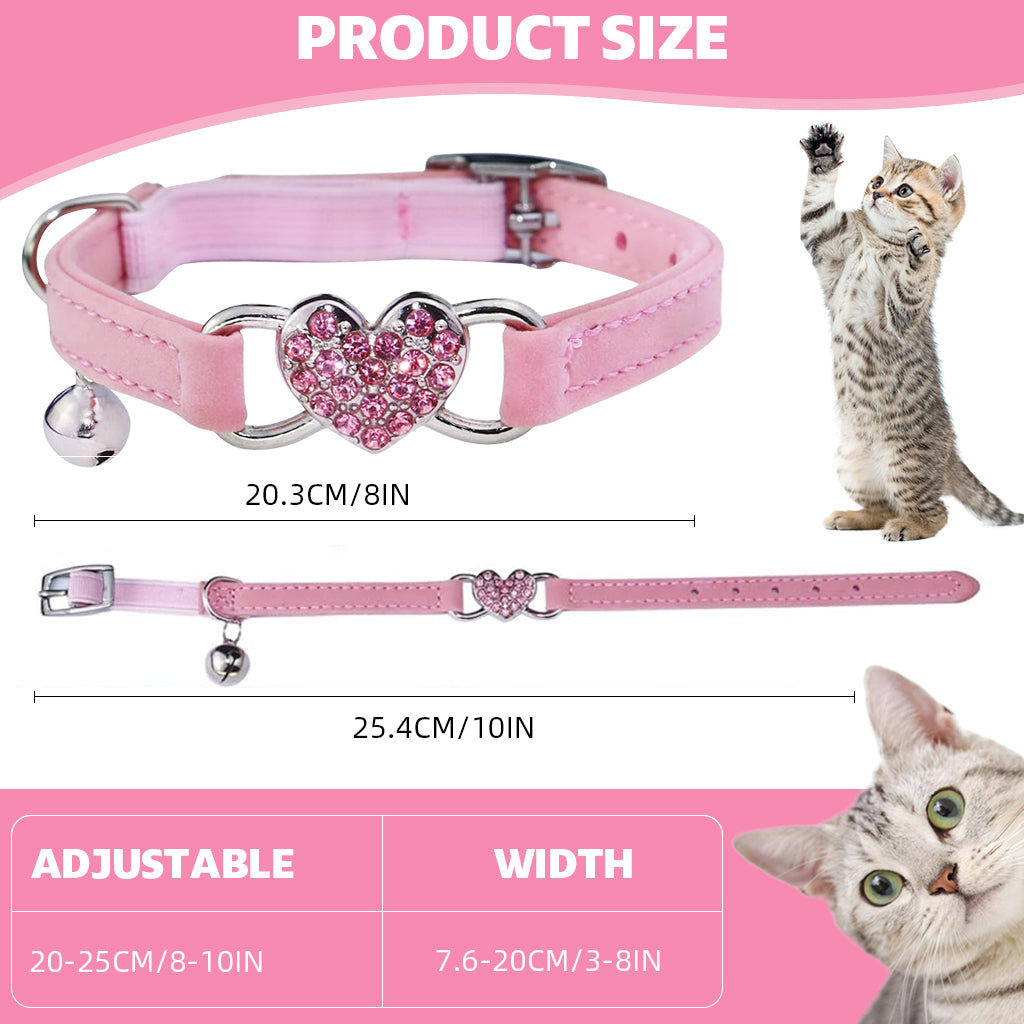 Qpets Cat Collar Bling Bling Cat Collar with Bell & D Ring Pink Rhinestone Embellished Heart Charm Cat Collar Adjustable Pet Collar for Cats Samll Dogs