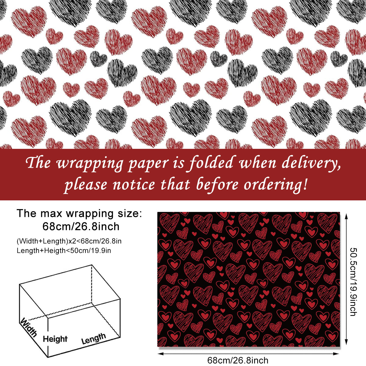 HASTHIP 12 Sheet Valentine's Day Wrapping Paper for Men Women - Heart, Love Design Gift Wrap Gift Packing Material for Birthday, Wedding, Anniversary, 26.7x16.7inches