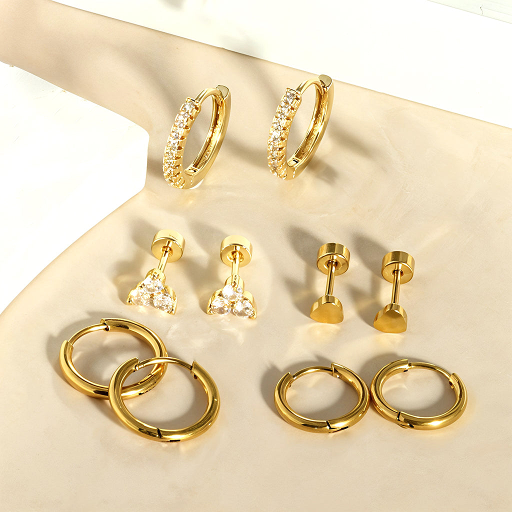 SANNIDHI 5 Pairs Earrings Set for Women Girls Stylish Hypoallergenic Surgical Gold Flat Back Stud Earrings Hoop Earrings Stainless Steel Cartilage Earrings Gifts Earrings Combo for Multiple Piercing