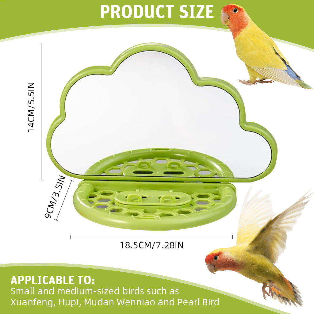 Qpets Parrot Mirror, Love Birds Mirror Pet Birds Mirror for Cage 2 In 1 Reflection Mirror with Food Box Clip-on Design Fun Cloud Shaped Pet Birds Mirror - 18.5x9x14CM