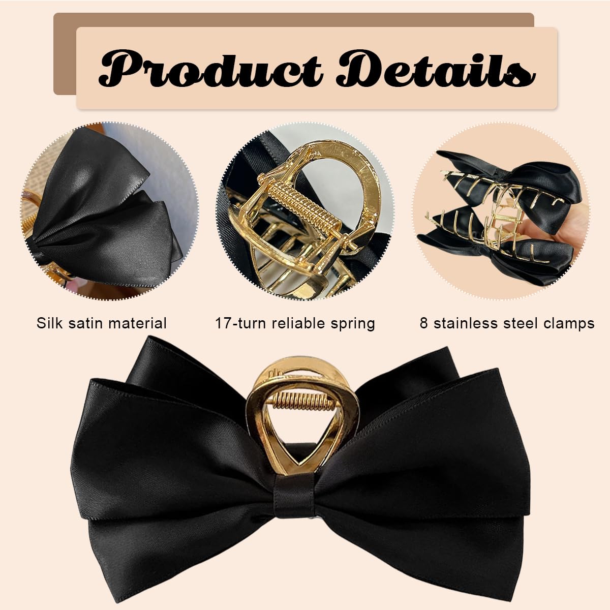 PALAY Large Bow Hair Claw Clips for Women Metal Hair Bow Claw Clip for Medium Thick Hair, Stylish and Elegant Non-slip Strong Hold Big Hair Clamp - Black