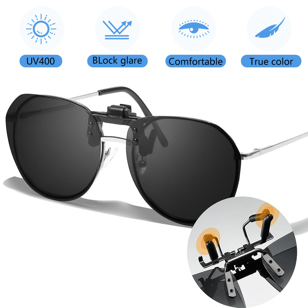 Proberos Clip on Sunglasses Lenses, Clip-on Sunglasses Attachment UV Protection Sunlight Anti-Glare Driving Glasses for Prescription Glasses Eyeglasses Eyewear, with Case & Wipe Cloth
