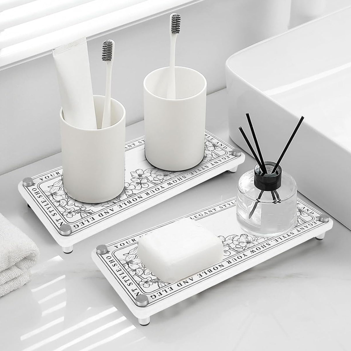 HASTHIP Bathroom Toiletries Holder Elegant Print Countertop Organizer 25x10cm Small Diatom Mud Water Absorbing Storage Shelf Scented Candle Stand Multipurpose Shelf for Bathroom, Kitchen
