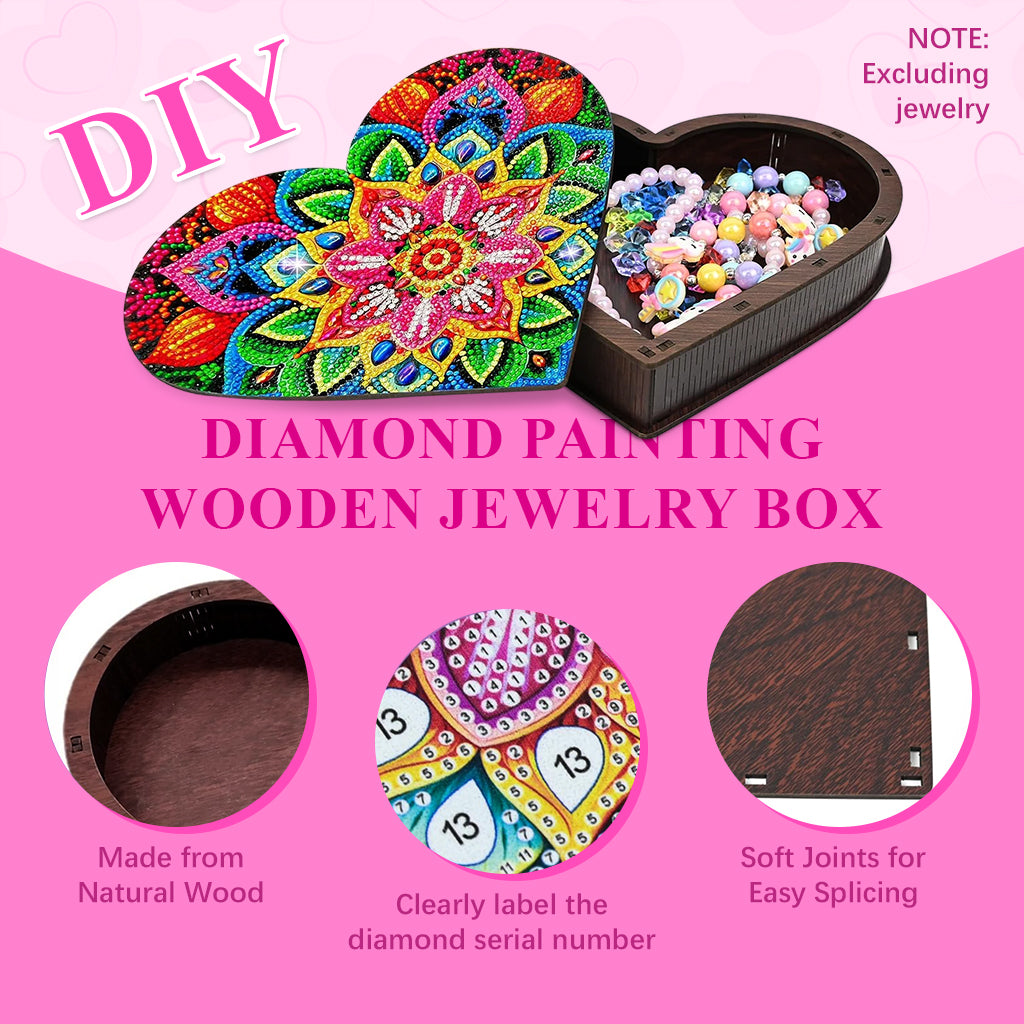 HASTHIP DIY Diamond Paint Art Kit Colorful Mandala Flower Wooden Jewelry Box Assembly Empty Heart-shaped Wooden Storage Organizer DIY Diamond Paint Gift Box Christmas Gift Birthday Gift, 22x20x4cm