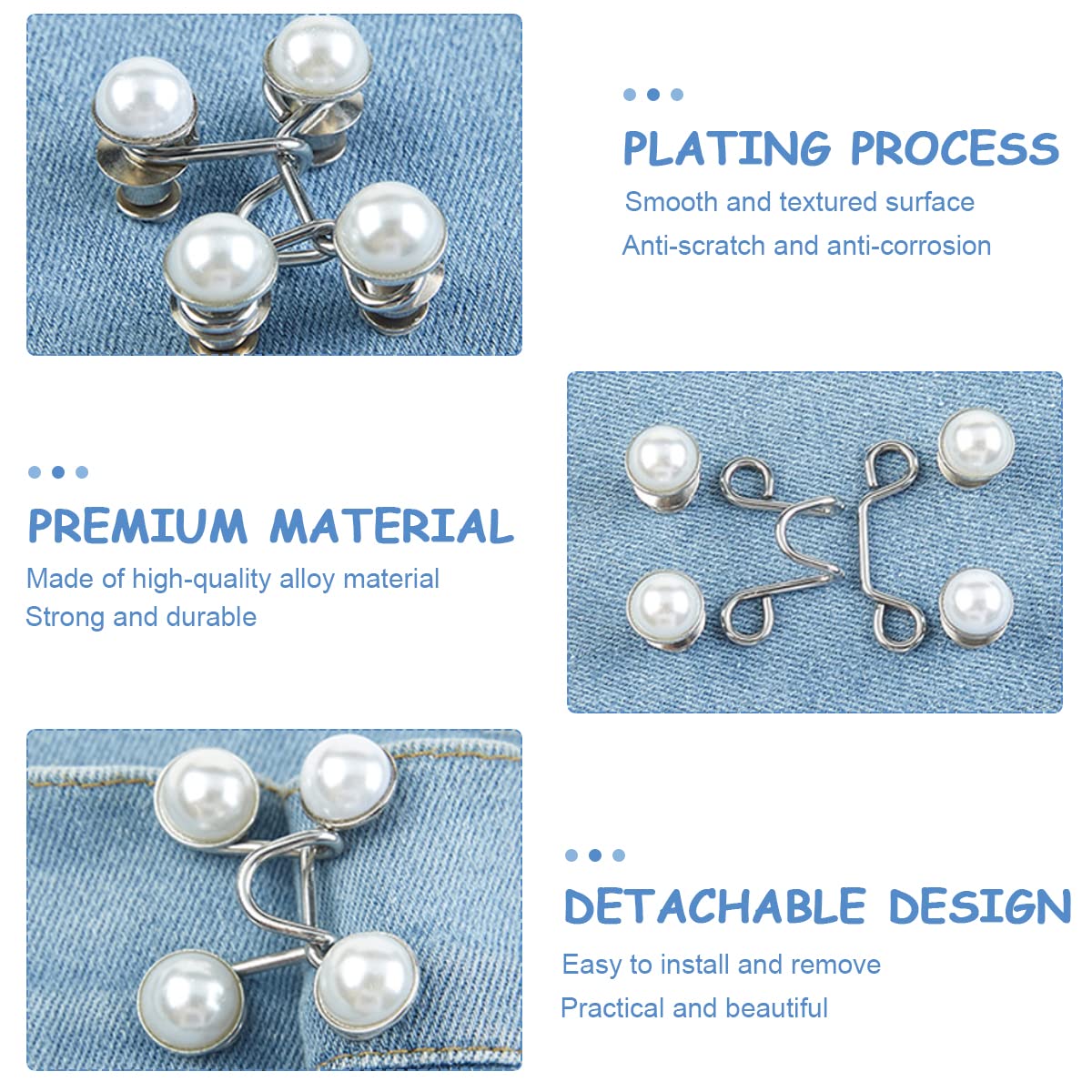 SANNIDHI 4Pcs Adjustable Waist Buckle for Loose Jeans Pants, Pearl Detachable Instant Jeans Button Pins Waist Tightener Set, Make the Waist Fit for Skirt Pants Robe, No Sewing Required
