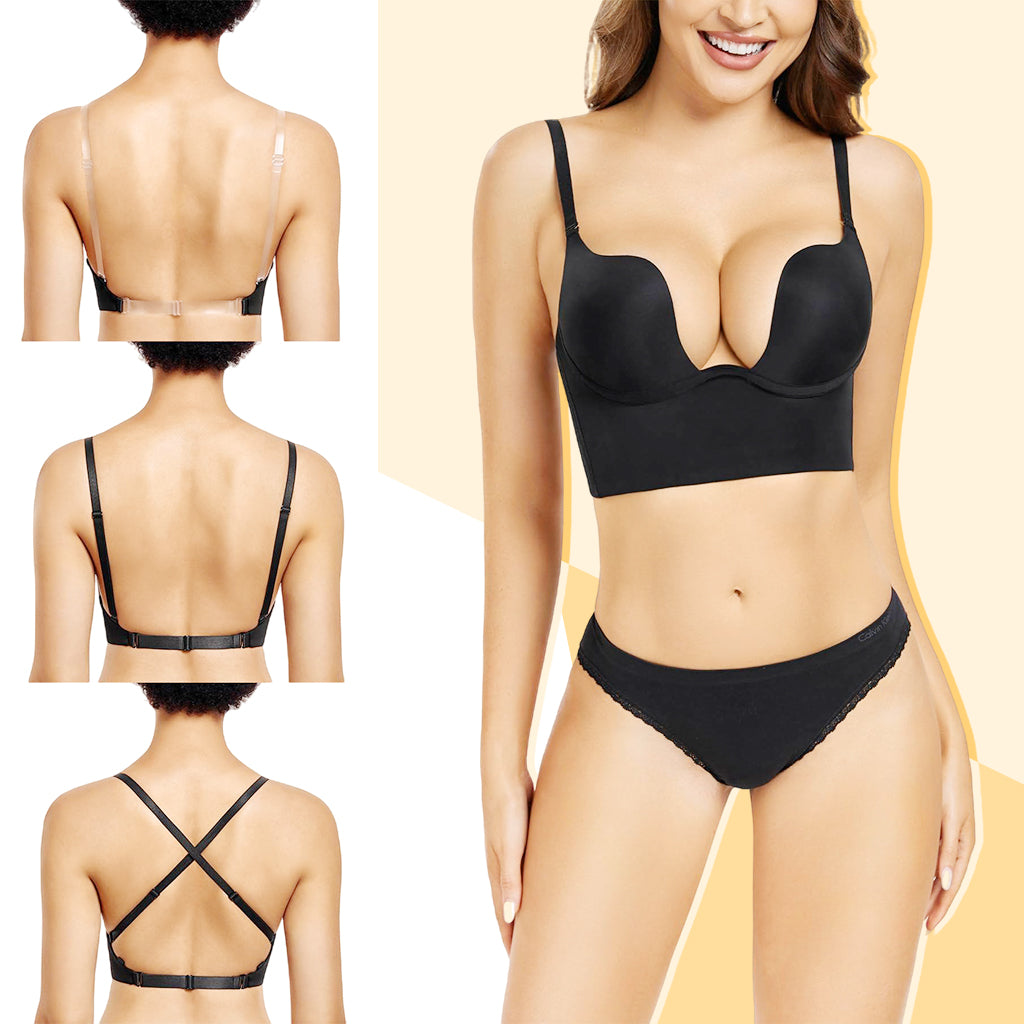 SANNIDHI Low Back Bras for Women, Plunge U Neckline Backless Bra Push Up Deep V Padded Low Cut Bras Open Back Multiway Halter Bras for Support,  38/85AB