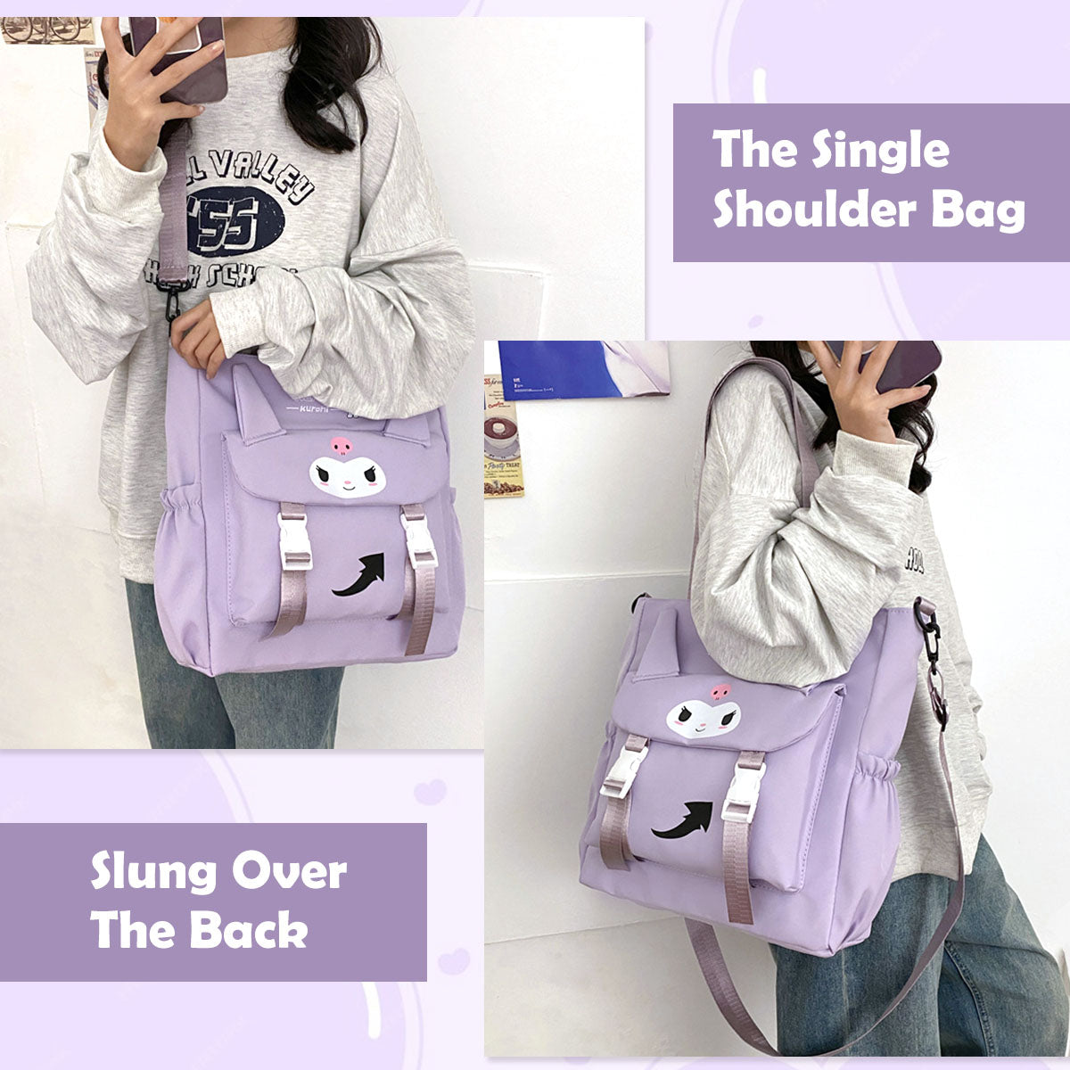 Climberty Kawaii Tote Bag for Girls Kuromi Nylon Shoulder Bag School Girls Book Bag Casual Hand Bag with Removable Shoulder Strap Travel Shoulder Bag Birthday Gift Christmas Gift for Kids, 30x32x9cm