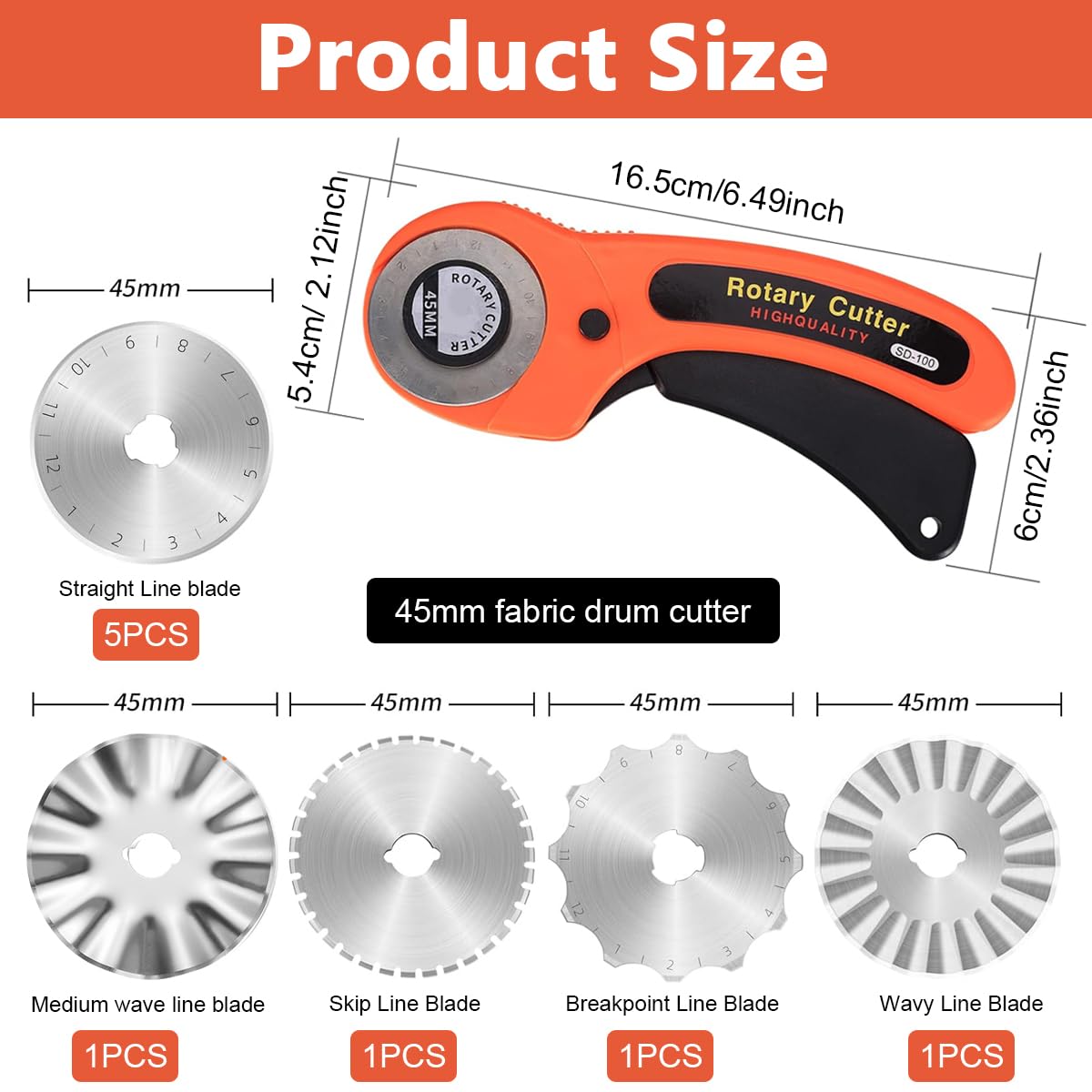 Serplex 45mm Fabric Roller Cutter with 9Pcs High-speed Steel Blades with 4 Types, Safe Lock Design Ergonomic Rotary Fabric Cutter For Sewing, Quilting, DIY Cloth Craft, Leather Craft, Felt Craft