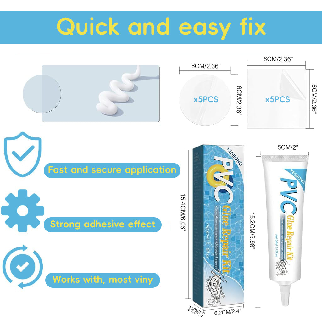 HASTHIP Waterproof PVC Repair Glue Kit 60ml Repair Glue with 10Pcs Clear Repair Patches Leakingproof Waterproof Glue Multi-Purpose Adhesive Repair Glue for Pool Floats, Loungers, Water Rings, Rafts