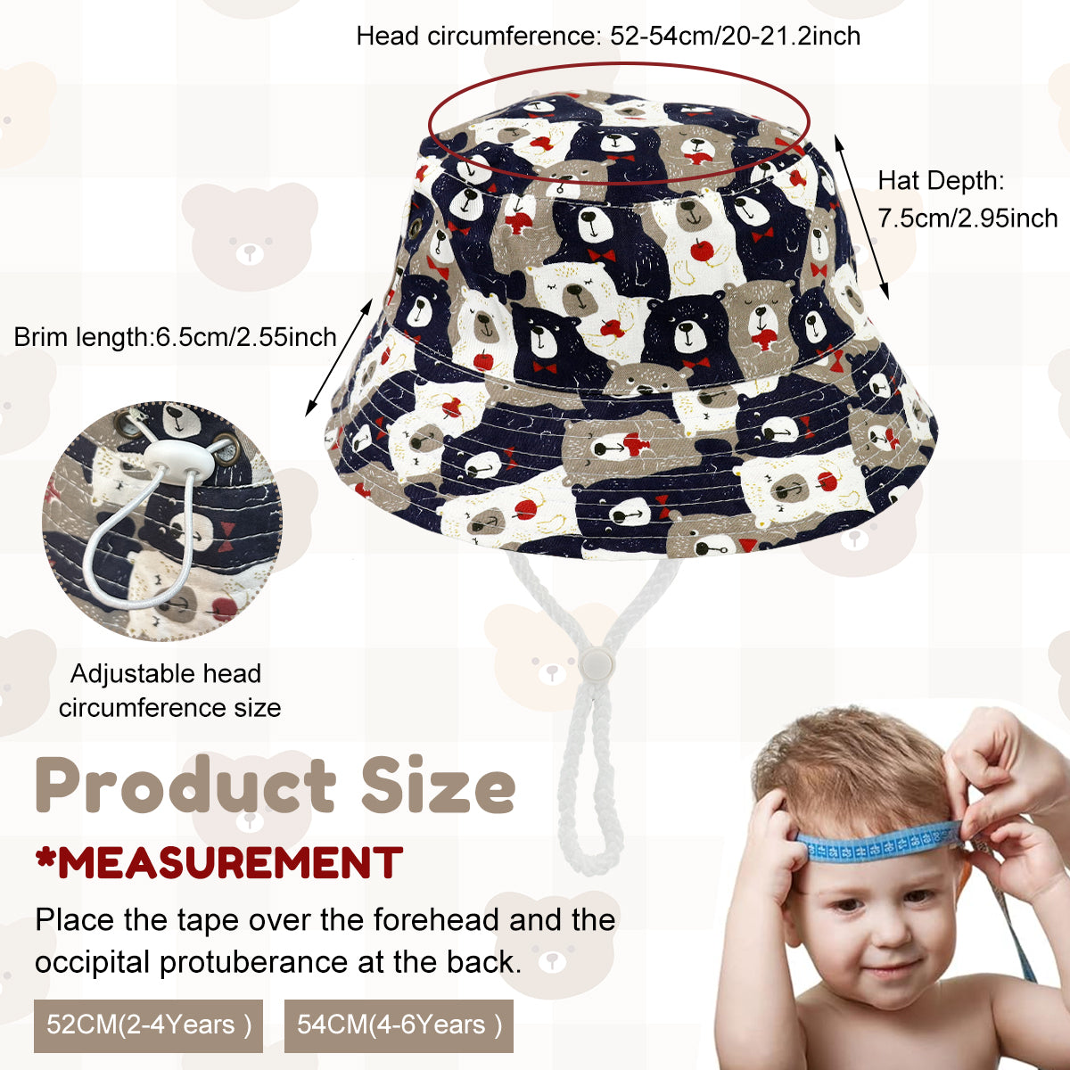 PATPAT Kids Sun Hat for Boys Girls Aged 4-6 Cartoon Bear Printed Bucket Hat Child Beach Hat with Chin Strap Packable Sun Hat Travel Outdoor Hat for Kids Children's Day Gift Birthday Gift