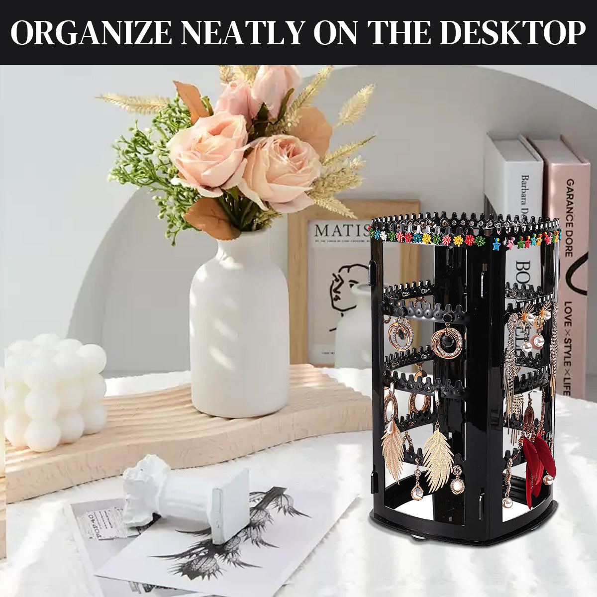 HASTHIP 360 Rotating Earring Holder and Jewelry Organizer, 4 Tiers Jewelry Rack Display Classic Stand, 156 Holes and 160 Grooves for Necklaces Earrings Piercings (Black)