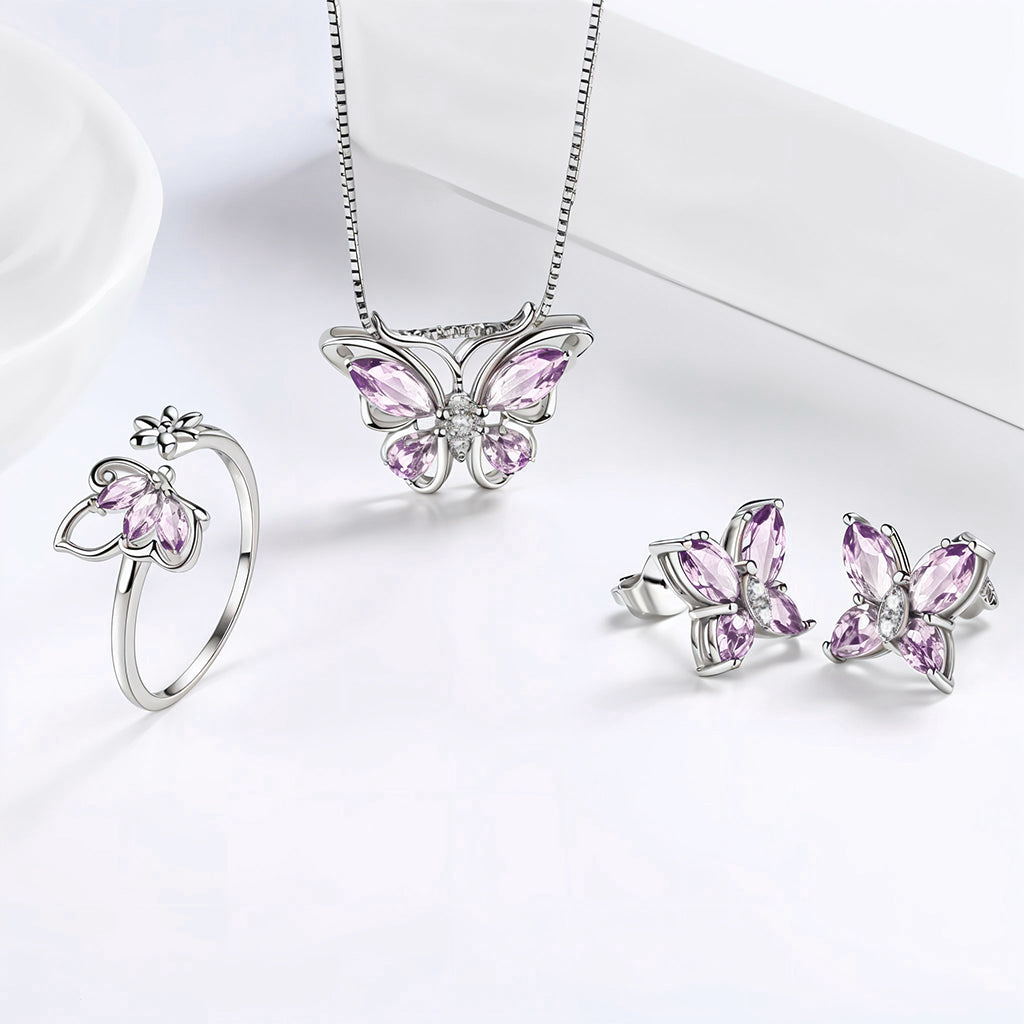 SANNIDHI 4Pcs Necklace Set for Girls Women Stylish Crystal Butterfly Pendant Necklace Adjustable Finger Rings Studs Earrings Jewellery Set Valentine Birthday Gifts for Women, Girls, Sister - Purple