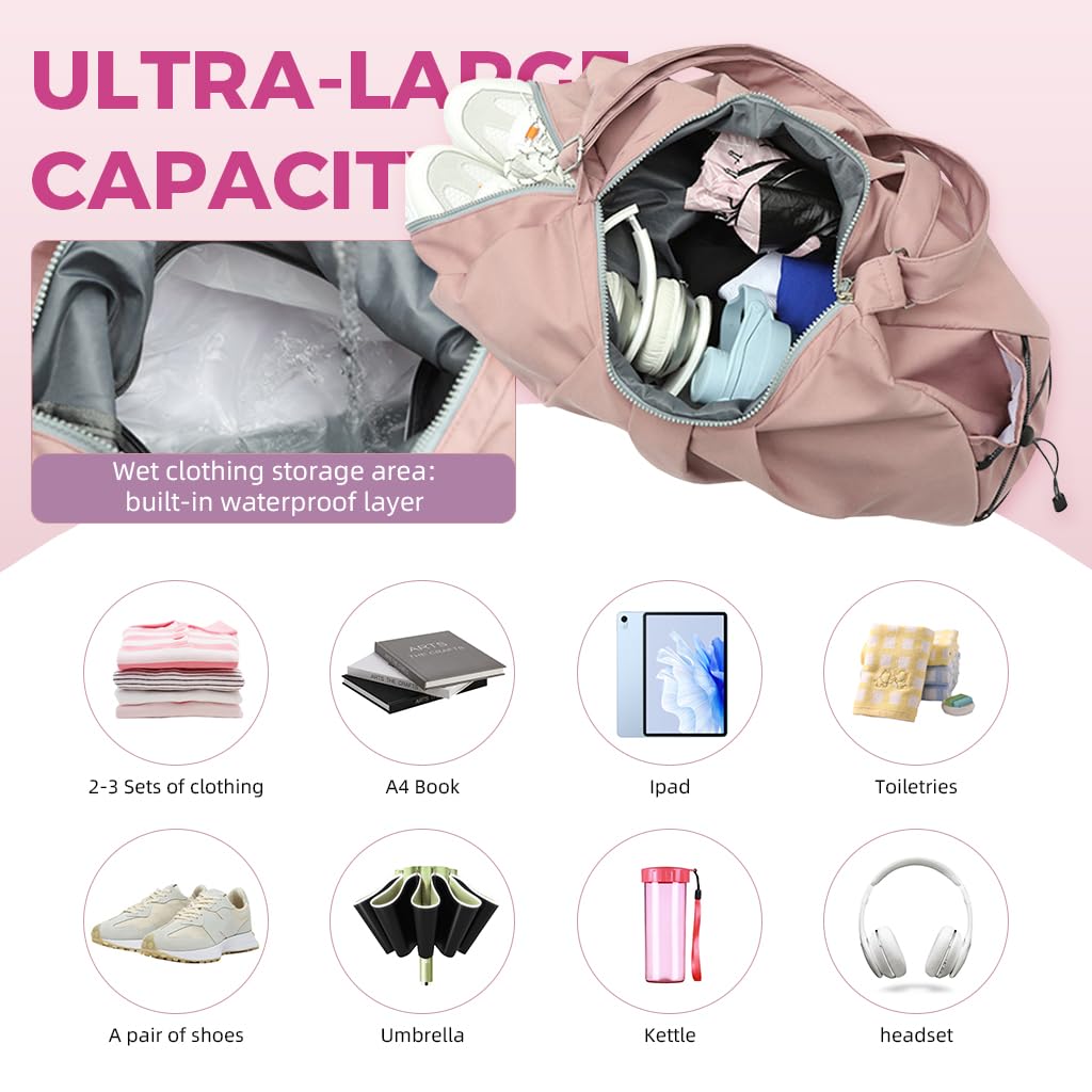 PALAY Women Gym Bag Fashion Nylon Gym Bag with Shoe Compartment Duffle Bag Travel Shoulder Bag Multifunctional Gym Bag Waterproof Day Pack Shoulder Bag Gym Bag with Adjustable Shoulder Strap, Pink