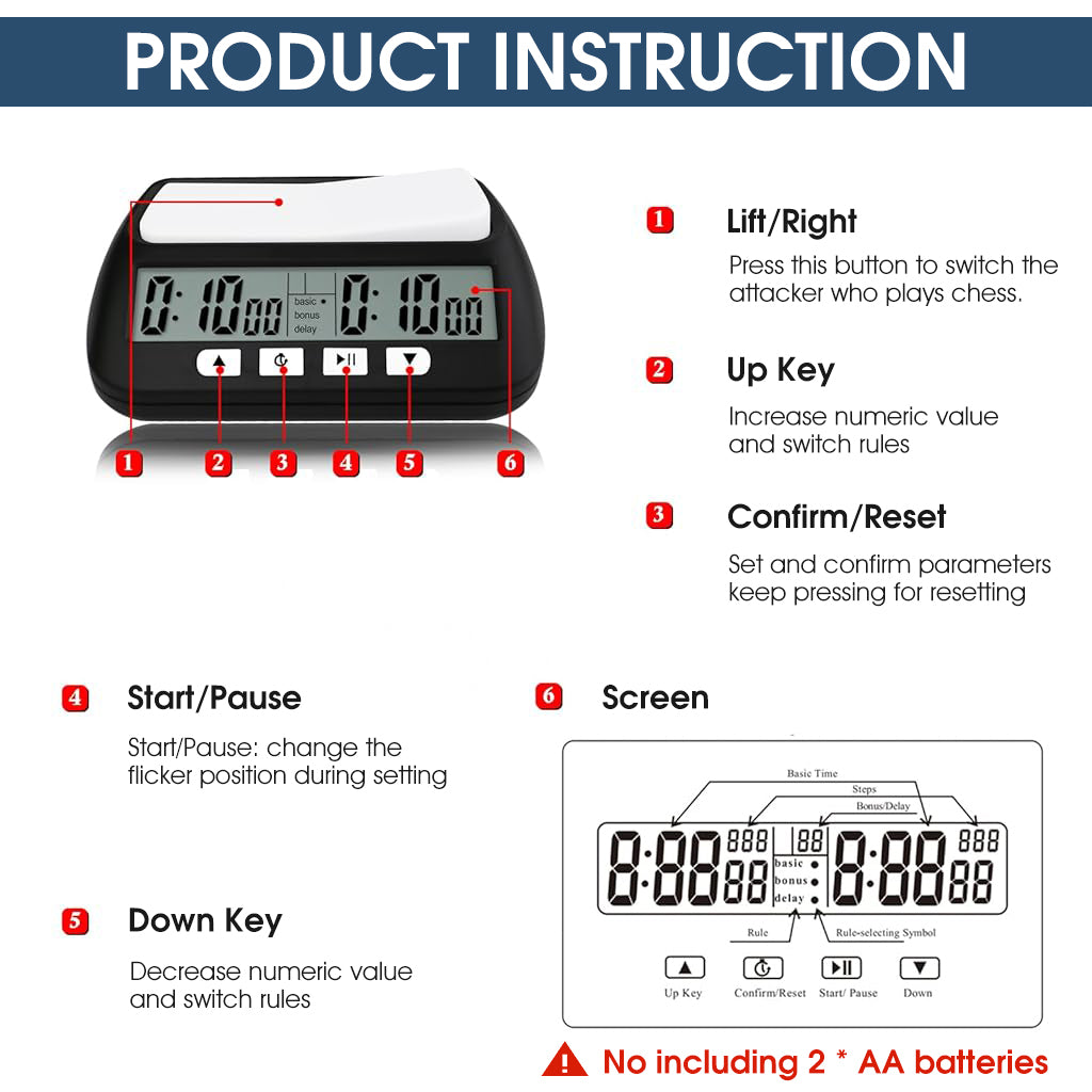 ZIBUYU Digital Chess Clock Timer,Chess Timer for Board Games,Professional Chess Timer with Bonus Delay Count Down Up Function,Batteries Not Included