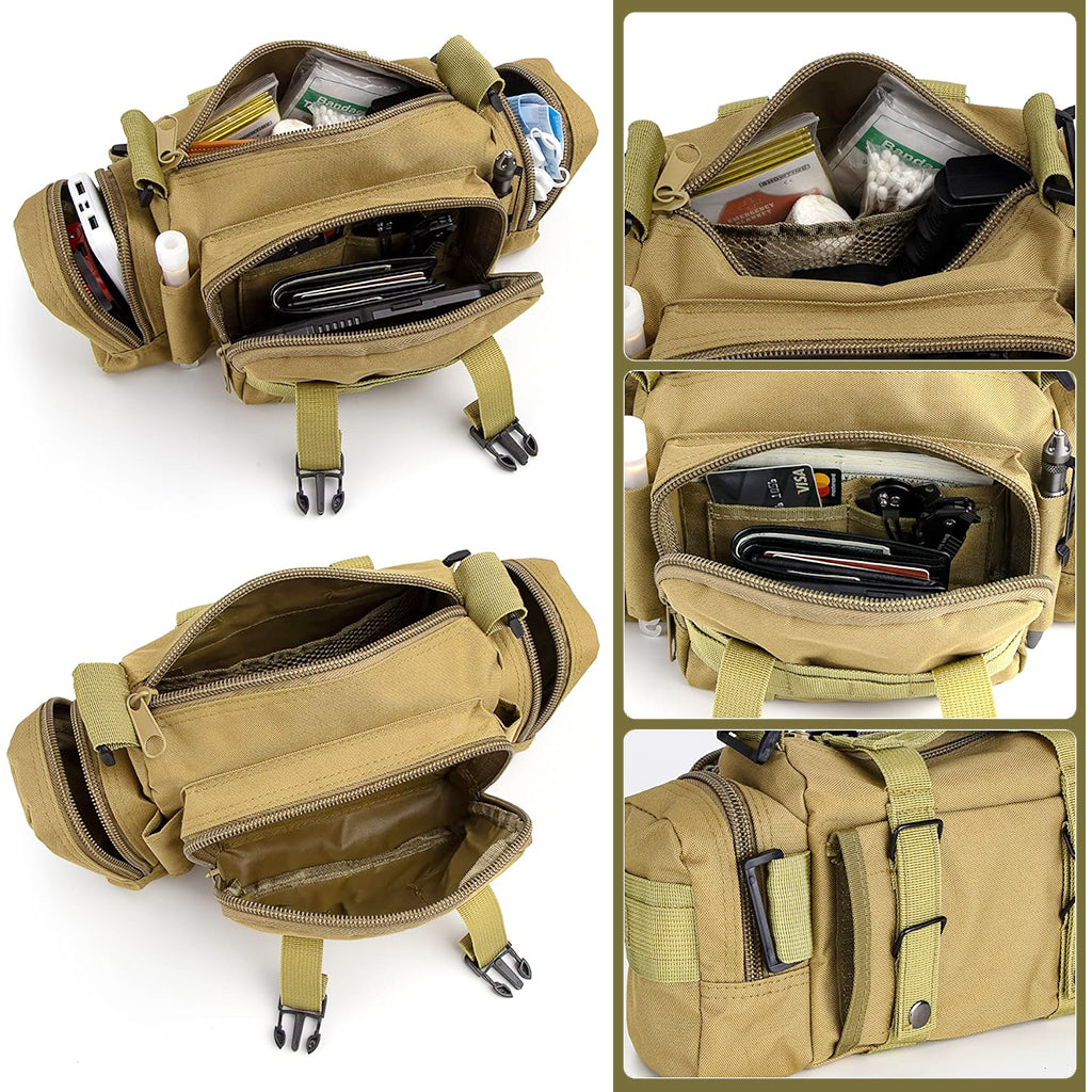 Proberos Small Tactical Carry On Bag Shoulder Bag with Adjustable Quick Release Shoulder Strap Waist Bag with Handle Multi Compartment Deployment Bag Travel Small Bag for Men Women, Khaki, 35x14x18cm