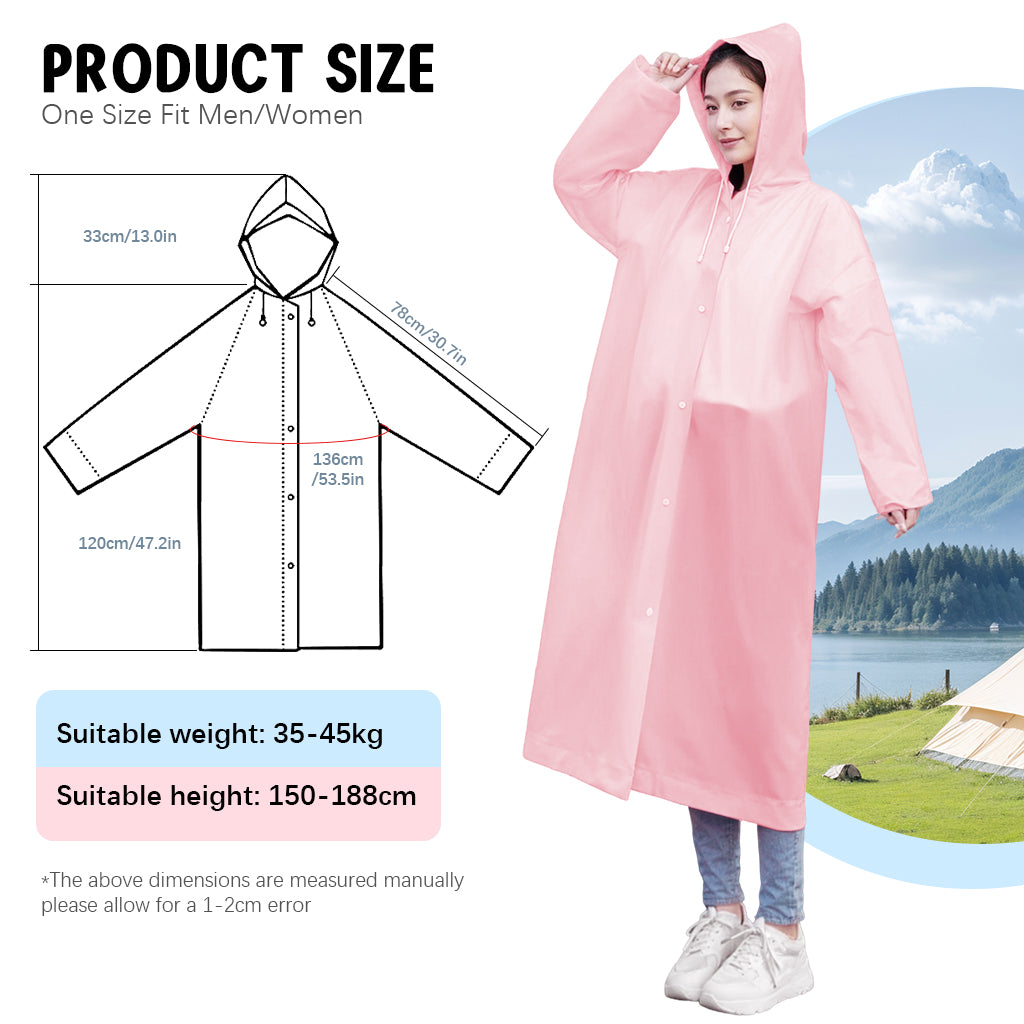 PALAY Waterproof Rain Ponchos for Adults (2Pack) Reusable EVA Lightweight Long Raincoat with Hood Button-Up Unisex Rainwear for Motorcycle Commute, Monsoon Travel & Festivals (Length 136cm)