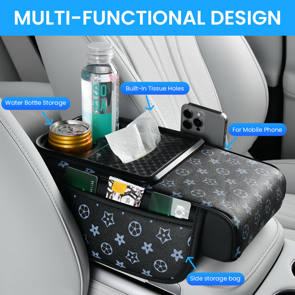 STHIRA PU Armrest for Car Center Console 4 in 1 Armrest Pad with Cup Holder Tissue Paper Box & Pocket Fashion Printed Car Center Console Armrest Universal Car Armrest Cushion