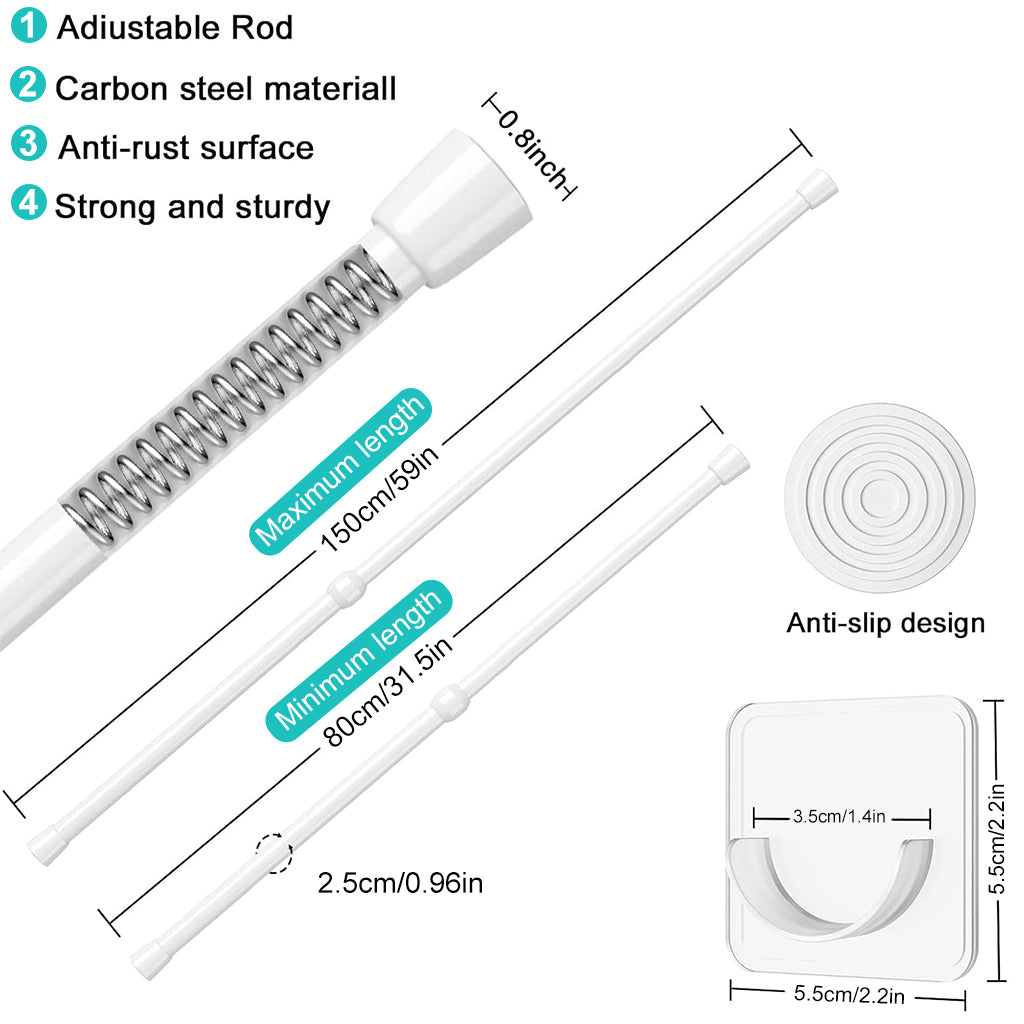 HASTHIP 1Pack Retractable Curtain Rod with 2 Wall hook, Spring Tension Rod Short Curtian Rods No Drilling Expandable Spring Loaded Curtain Tension Rod Adjustable 32.6-59 inches, White