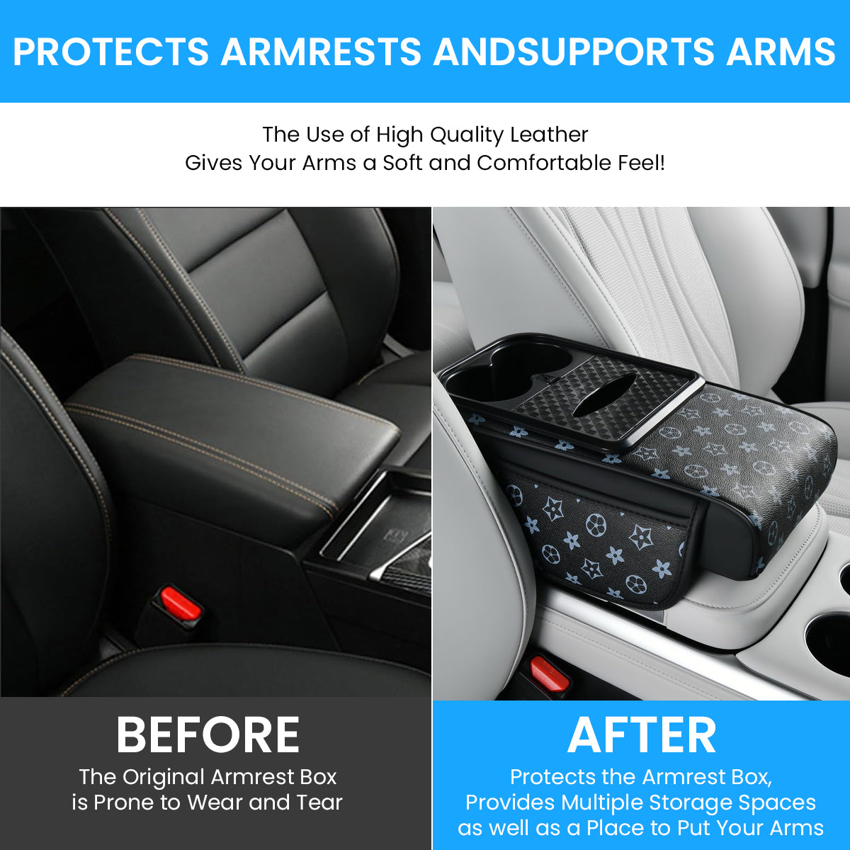 STHIRA PU Armrest for Car Center Console 4 in 1 Armrest Pad with Cup Holder Tissue Paper Box & Pocket Fashion Printed Car Center Console Armrest Universal Car Armrest Cushion