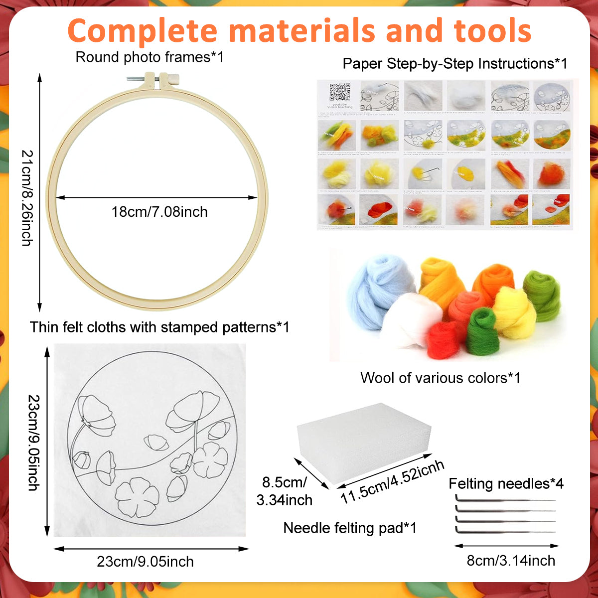 PATPAT DIY Needle Felt Art Craft Kit Flower Poking Stitch Art Kit with Embroidery Punch Needles, 8.35 inches Dia Embroidery Hoop, DIY Art Gift for Kids Adults
