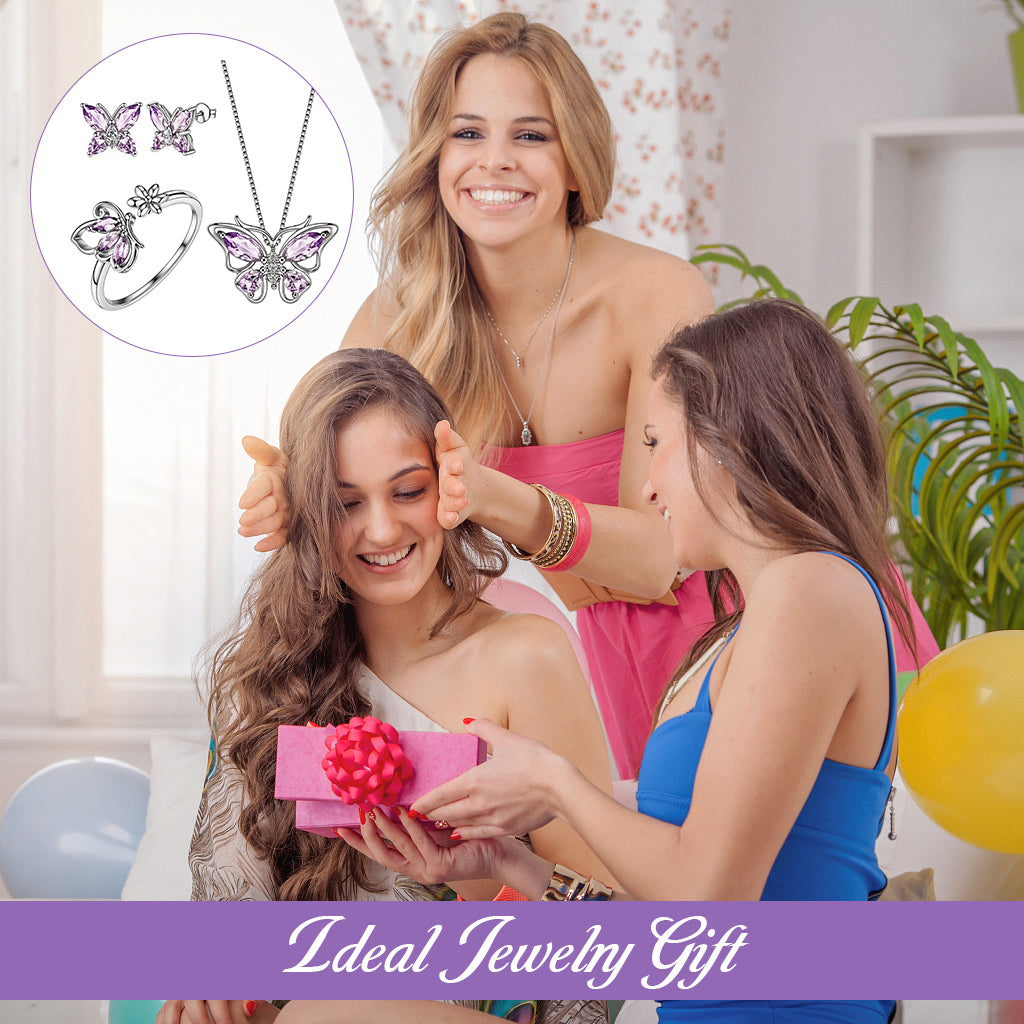 SANNIDHI 4Pcs Necklace Set for Girls Women Stylish Crystal Butterfly Pendant Necklace Adjustable Finger Rings Studs Earrings Jewellery Set Valentine Birthday Gifts for Women, Girls, Sister - Purple
