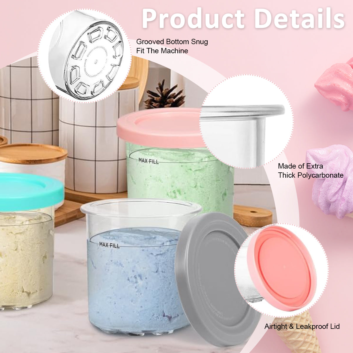 HASTHIP 4Pcs 16Oz Ice Cream Tubs Compatible with Ninja CREAMi Ice Cream Maker NC300, NC299AM Ice Cream Tubs Ice Cream Pints with Lids for Ninja Ice Cream Maker, with 4 Color Spoons & Ice Cream Scoop