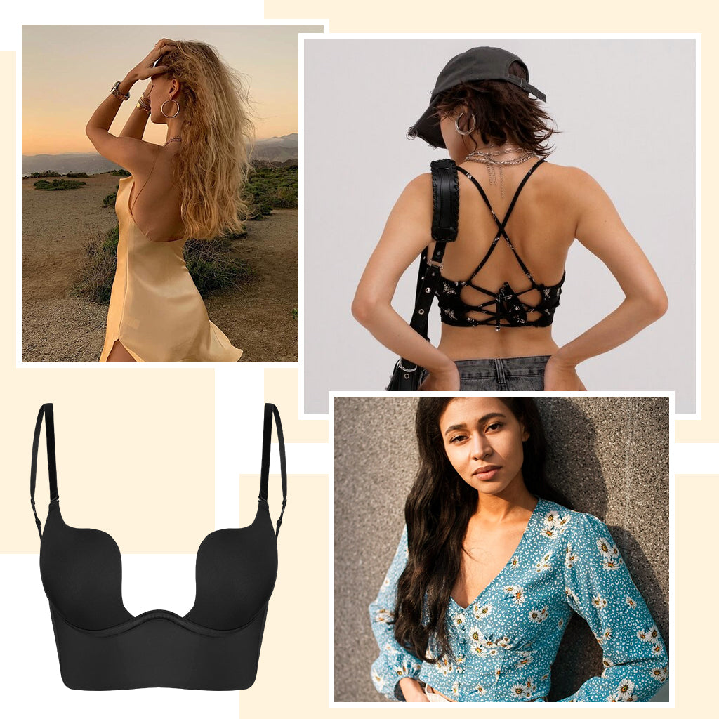 SANNIDHI Low Back Bras for Women, Plunge U Neckline Backless Bra Push Up Deep V Padded Low Cut Bras Open Back Multiway Halter Bras for Support,  38/85AB