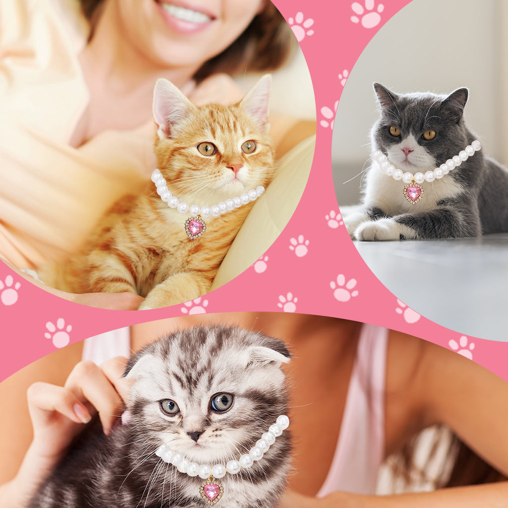 Qpets Cat Collar Jewelry Necklace Pink Rhinestone Heart Charm Pearl Necklace Adjustable Cat Puppy Charm Necklace Dressing Up Jewellry Photography Prop, 11.81+1.97 inches