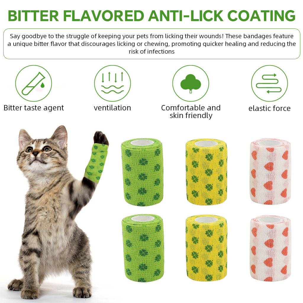 Qpets 6 Rolls Pet Crepe Bandage Bitter Flavored Anti-lick Bandages Non-woven Stretchy Injury Recovery Bandage Cartoon Print Self Adhesive Bandage Wrap, 3.94 inches Wide x 14.76 ft Long