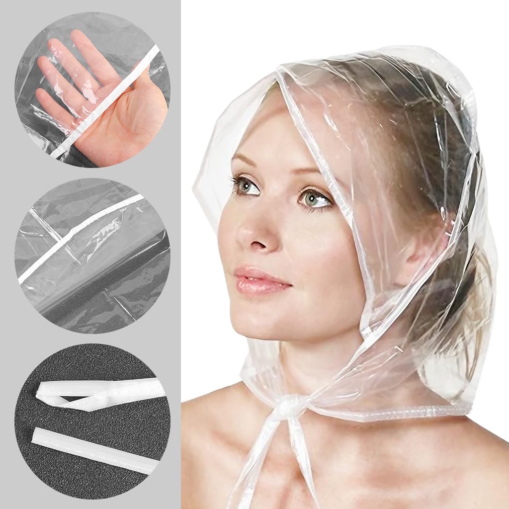PALAY 6pcs Women Rain Bonnet Wide Brim Rain Cap Easy Tie-up Rain Cap Head Wrap Cover Transparent Rainproof PE Portable Rain Cap Rain Hat