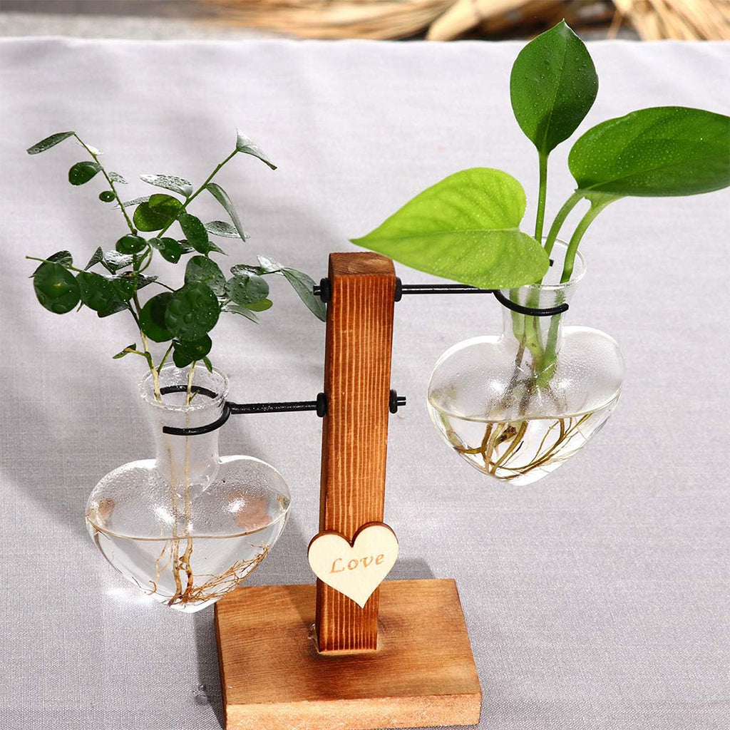 HASTHIP Hydroponic Glass Vase & Stand Kit Heart Shape Hydroponic Glass Bottle with T-Shaped Wooden Stand Romantic Room Decor Gift Hydroponic Glass Vase Kit Christmas Gift Birthday Gift