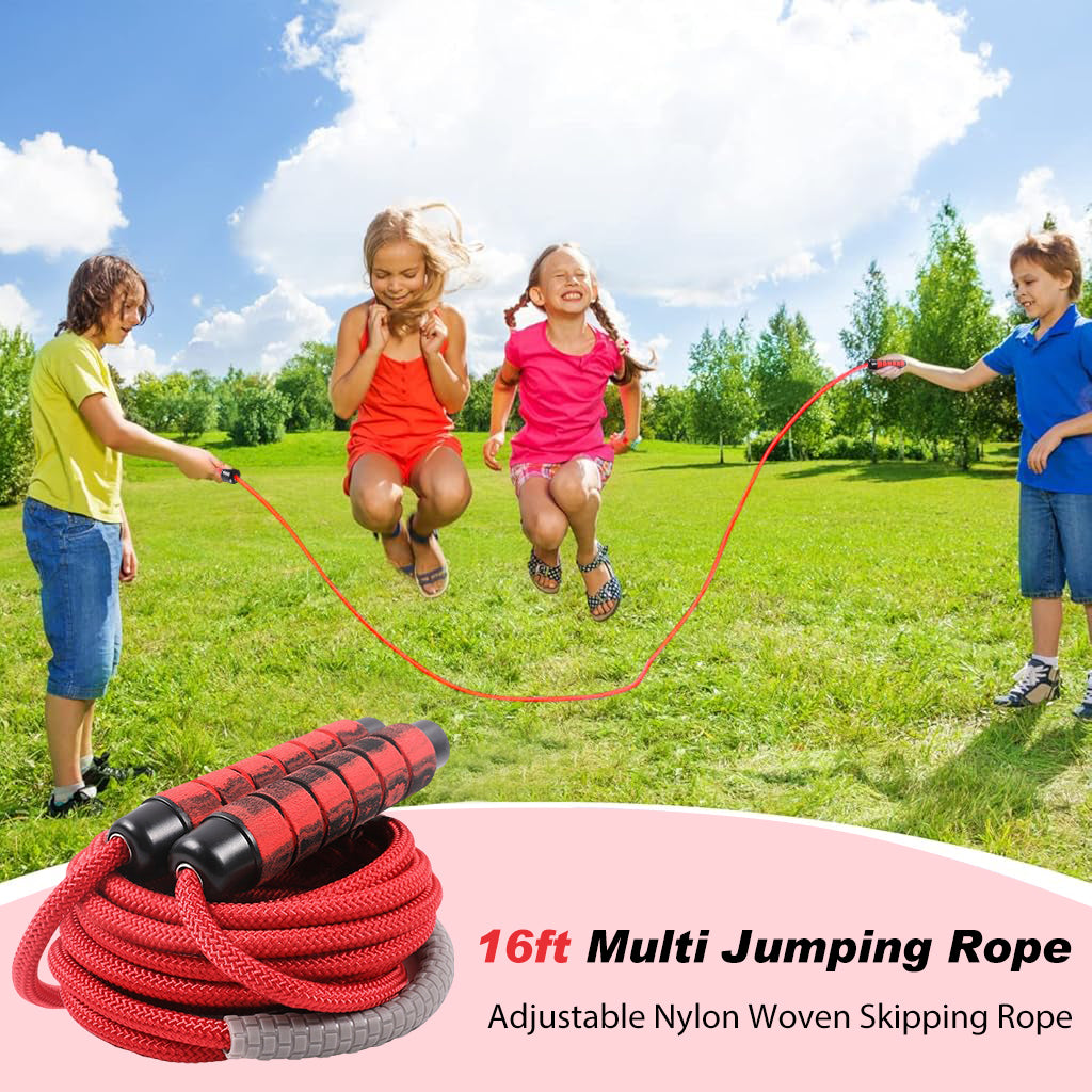 Proberos 16ft Multi People Jumping Rope for 2-3 People Adjustable Nylon Woven Skipping Rope with Rope Protector Anti-Slip Handle Design Multiplayer Team Group Jump Rope