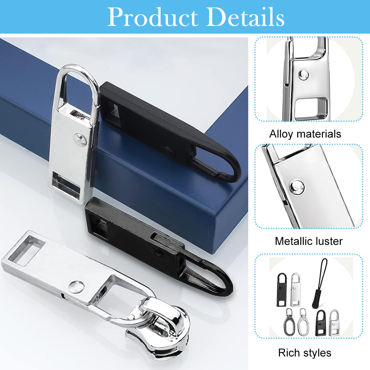 HASTHIP 32Pcs Zippers Metal Zipper Puller, Zipper Repair Kit, 4 Designs 2 Colors Zip Puller, Universal Zipper Puller Tabs Set, Multi Use Detachable Zipper Pulls for Jacket, Bags, Luggage