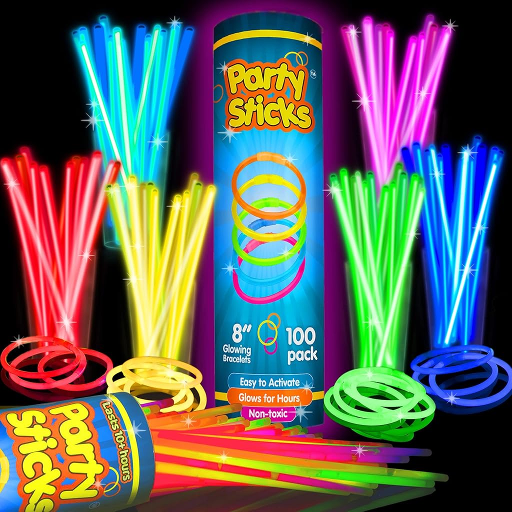 PATPAT Glow Sticks Pack of 100 Mixed Color, Glow In Dark Stick Glowing Toys Fluorescence Stick Bracelet Rings Glowing Wrist Rings Magic Stick for Kids Party Supplies Party Accessories