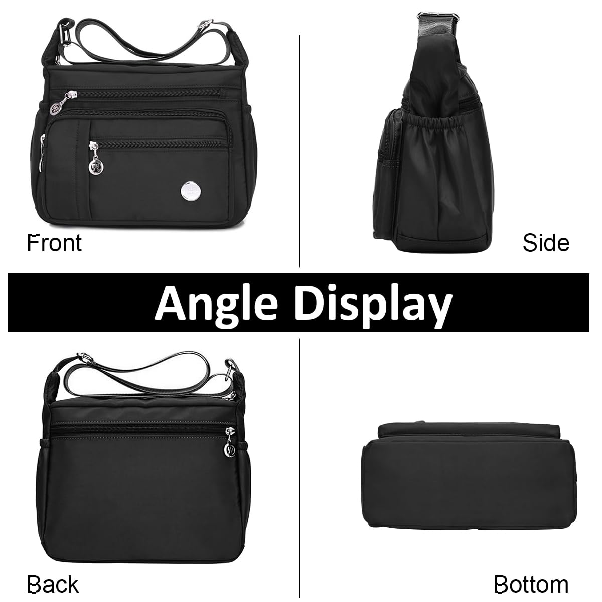 PALAY Women Shoulder Bag Crossbody Bag Nylon Waterproof Bag Multi-pocket Women Sling Bag with Adjustable Shoulder Strap Fashion Bag for Women Satchel Handbag, Black, 25x21x10cm
