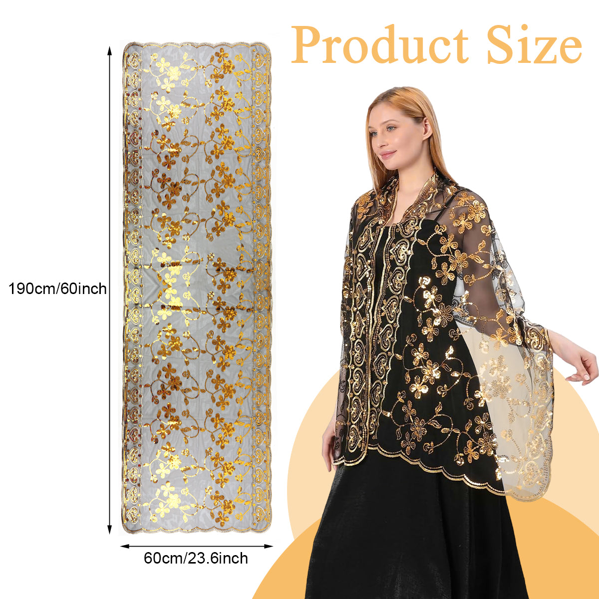 SANNIDHI Shawl for Women, Embroidery Wraps for Evening Dresses, Floral Sequin Formal Shawl Wrap, Luxurious Sheer Long Lace Shawl for Ladies Wedding, Party (190x60cm)