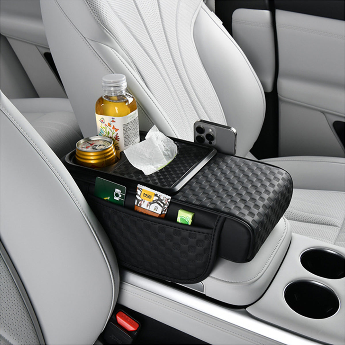 STHIRA® PU Armrest for Car Center Console 4 in 1 Armrest Pad with Cup Holder Tissue Paper Box & Side Pocket Multifunctional Fashion Printed Car Center Console Armrest Universal Car Armrest Cushion