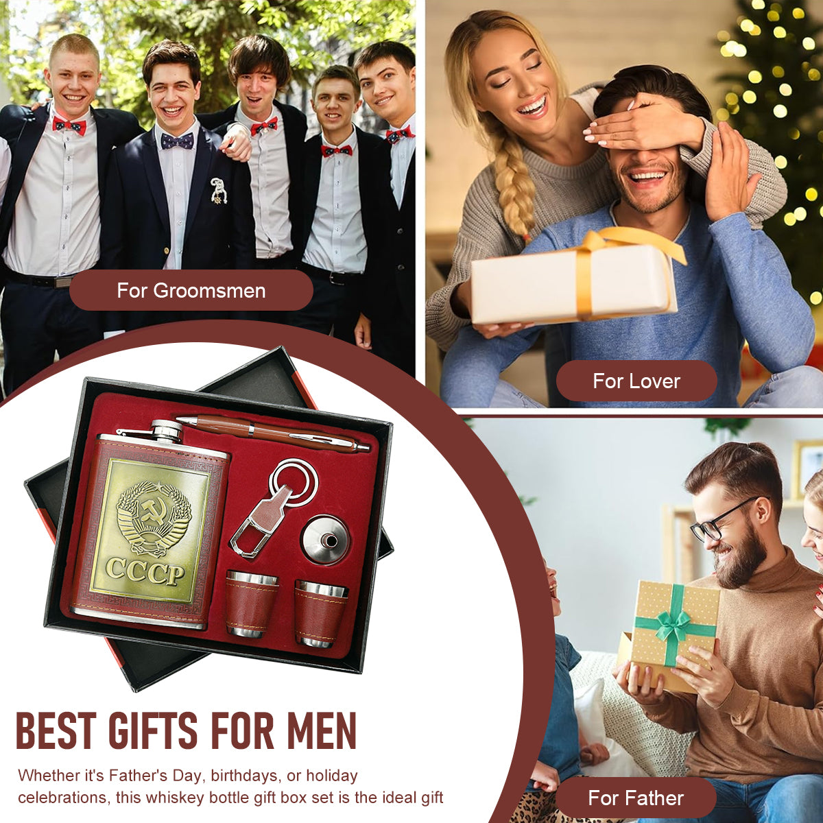 HASTHIP Set of 6pcs 8 Oz Stainless Steel Whisky Flask Bottle Gift Box CCCP Embossed PU Finish with Funnel, Drinking Cups, Keyring, Pen, Liquor Flask Set for Men, Ideal Father's Day Gift