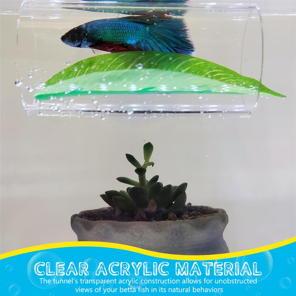 Qpets Betta Fish Hiding Cave, 3'' Acrylic Hiding Tunnel for Betta Fish Hiding Tube Cave Fish Tank Green Leaf Decorative Betta Fish Hiding Cave with Suction Cup Fish Tank Decorative Accessories