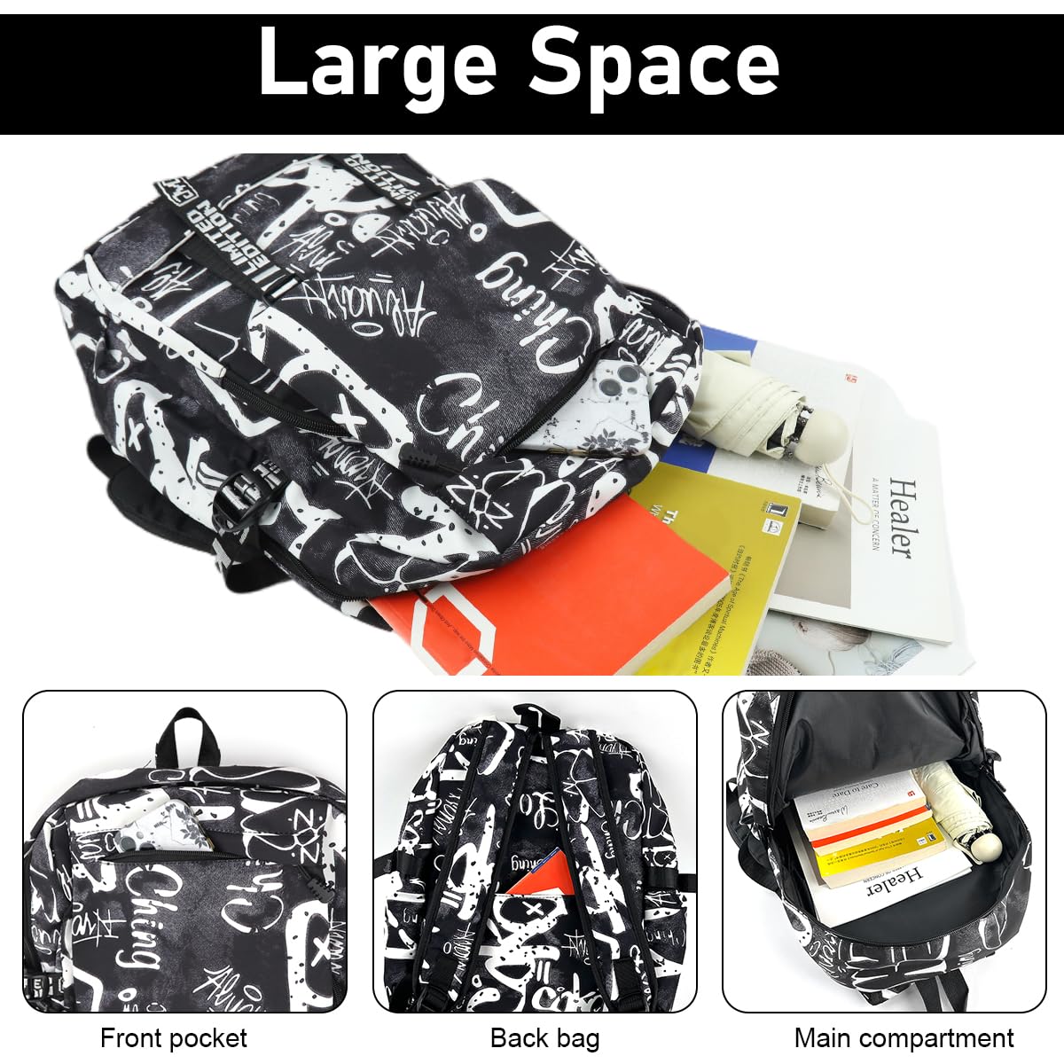 PALAY Travel Backpack Casual Backpack Nylon Backpack School Students Backpack Lightweight Fashion Graffiti Print Black Backpack Outdoor Travel Backpack Laptop Backpack