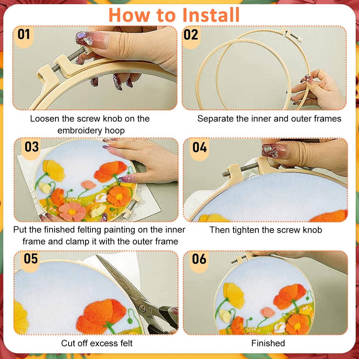 PATPAT DIY Needle Felt Art Craft Kit Flower Poking Stitch Art Kit with Embroidery Punch Needles, 8.35 inches Dia Embroidery Hoop, DIY Art Gift for Kids Adults