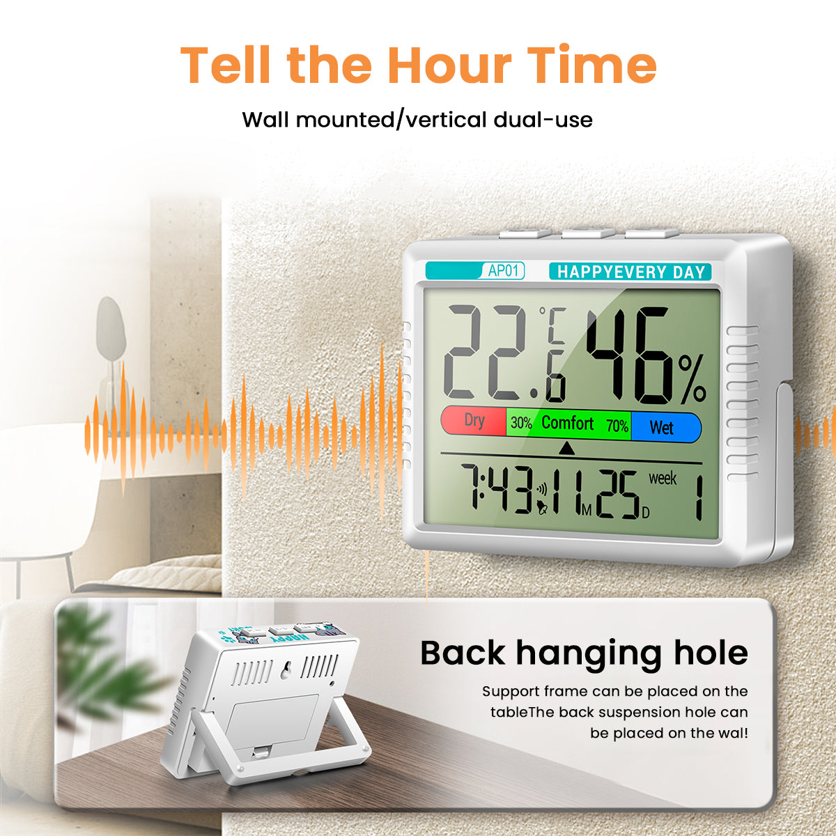 HASTHIP Thermo-Hygrometer Alarm Clock with Snooze Modes, Date & Week Display, LCD Thermo-Hygrometer Wall Desktop Digital Thermometer with Temperature and Humidity Monitor (Battery Not Included)