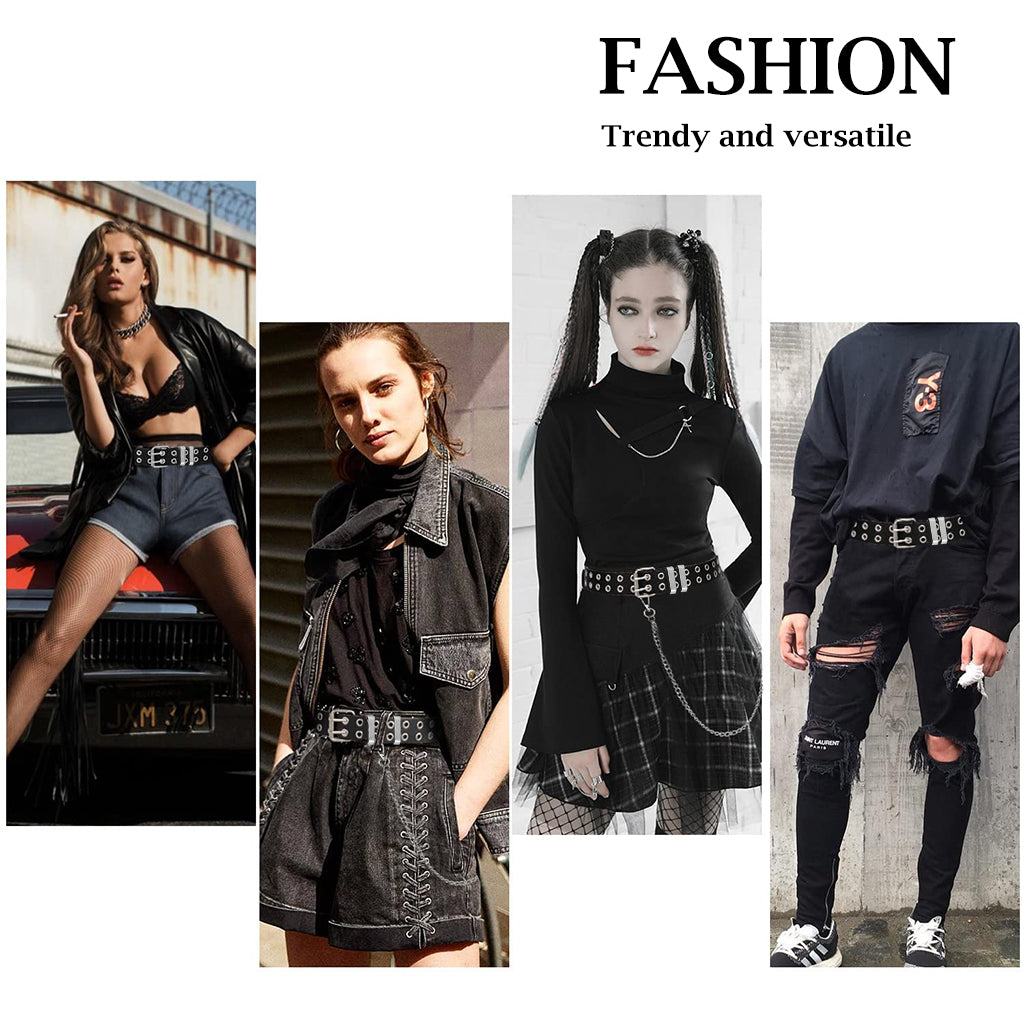 ZIBUYU Women Belt Punk Belt with Hip Chain 43 inches Women Belt Dual Row Hole Design PU Leather Belt Chic Women Belt for Pants Jeans Skirt