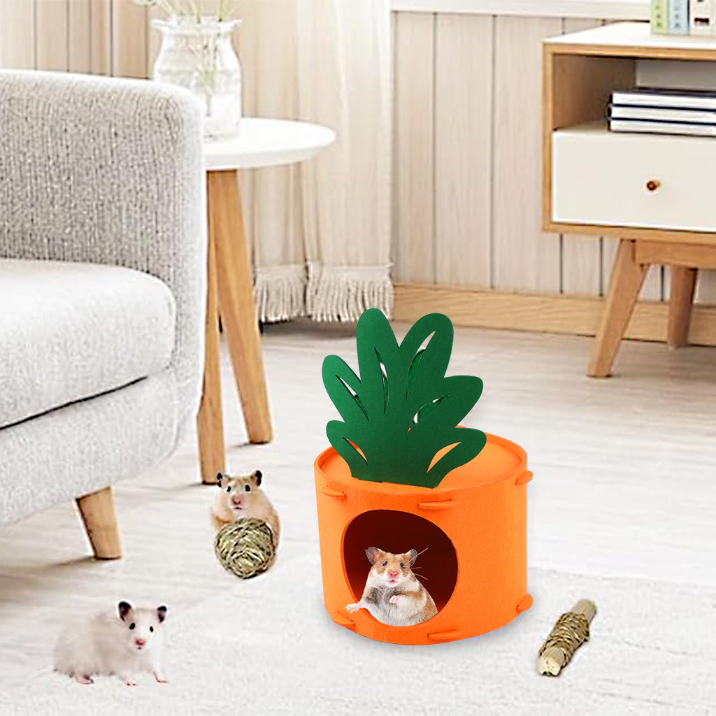 Qpets Hamster House Rabbit House, Felt Carrot Bunny House Cute Guinea Pig House Small Pet Hideout, DIY Assembly Washable & Detachable Small Pet House Play Cave for Hamsters, Mice, Rabbits -17X13.5CM