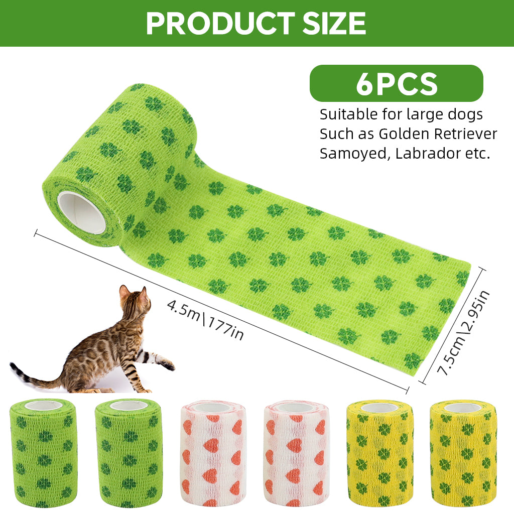 Qpets 6 Rolls Pet Crepe Bandage Bitter Flavored Anti-lick Bandages Non-woven Stretchy Injury Recovery Bandage Cartoon Print Self Adhesive Bandage Wrap, 3.94 inches Wide x 14.76 ft Long
