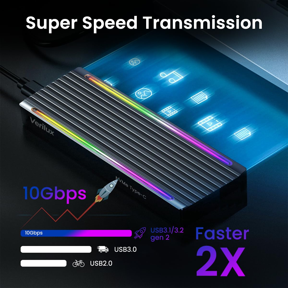 Verilux M.2 NVMe SSD Enclosure with RGB Light, 10Gbps M.2 NVMe to USB Adapter, USB C External NVMe SSD Enclosure, USB 3.2 M.2 NVMe Reader Supports M and B & M Keys, Fits 2230 2242 2260 2280