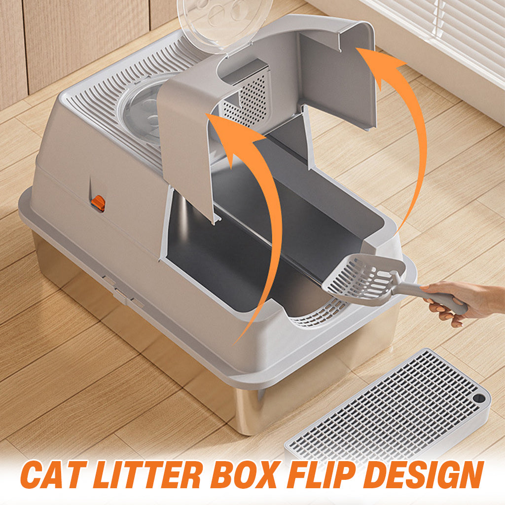 Qpets Stainless Steel Cat Litter Box Dual Doors Anti-Odor Cat Litter Box with Air Vent Includes Cat Litter Catcher & Cat Litter Scoop Enclosed Cat Litter Box with Flip Up Lid, 40x60x39cm