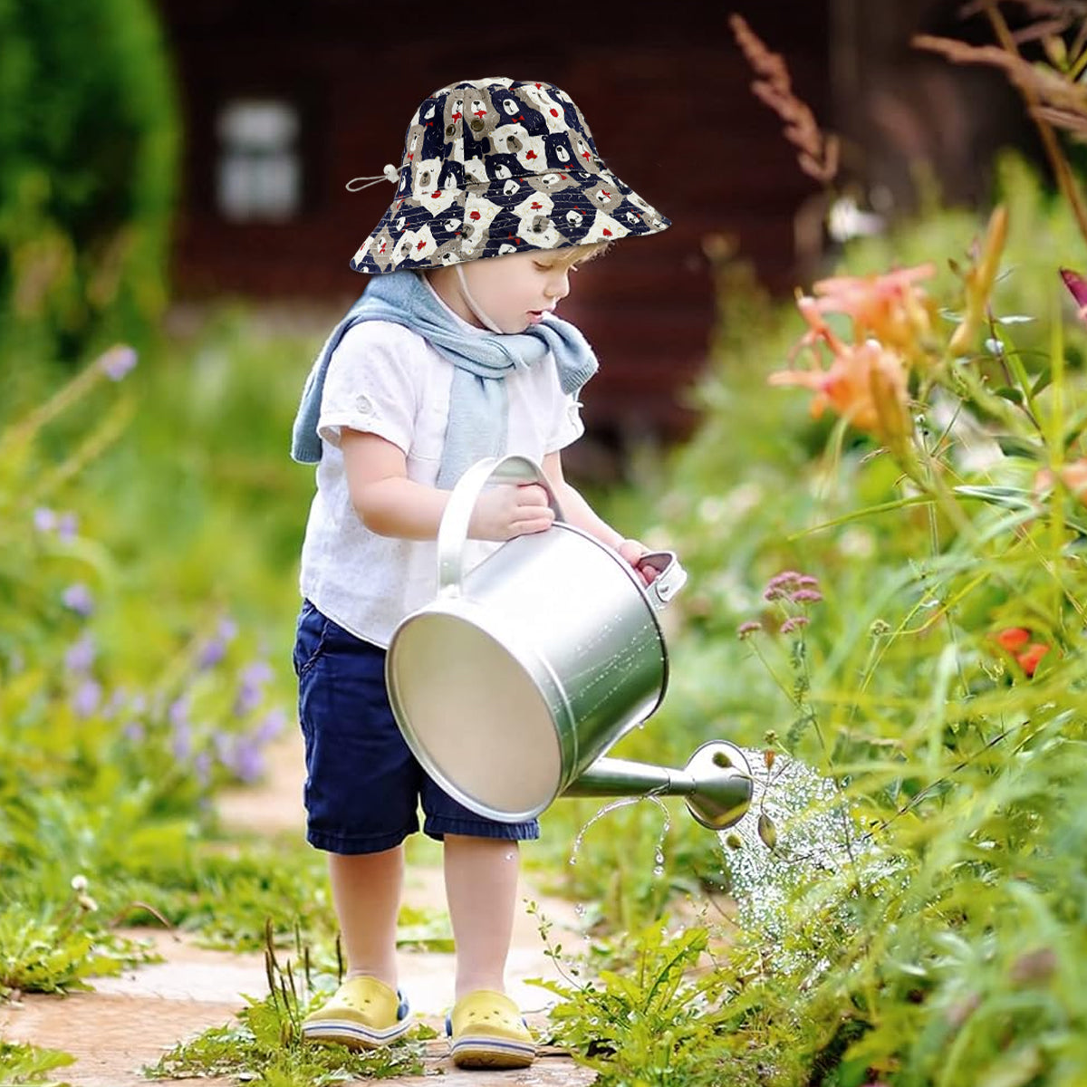 PATPAT Kids Sun Hat for Boys Girls Aged 4-6 Cartoon Bear Printed Bucket Hat Child Beach Hat with Chin Strap Packable Sun Hat Travel Outdoor Hat for Kids Children's Day Gift Birthday Gift